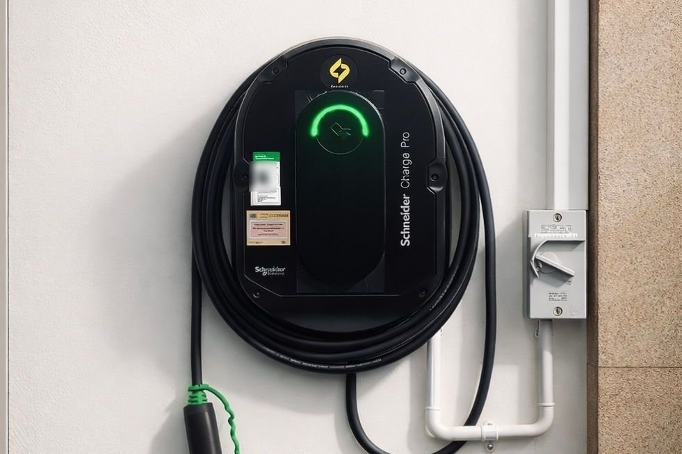 Schneider Charge Pro wall charger installed on a white wall, its cable coiled round it and the isolator switch beside it